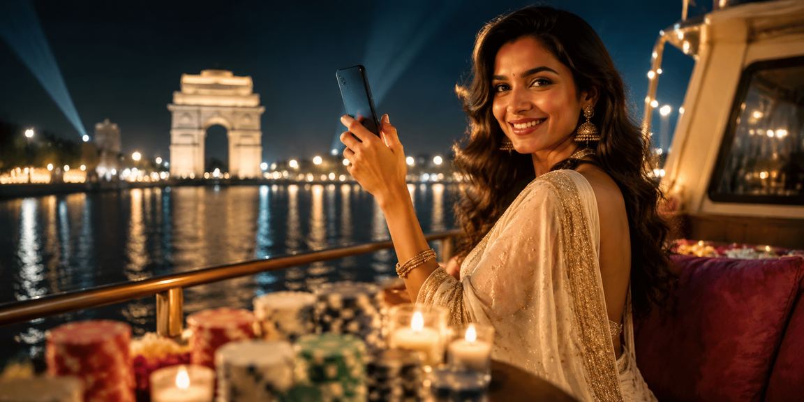 Indian woman making UPI payment on mobile device for live casino play
