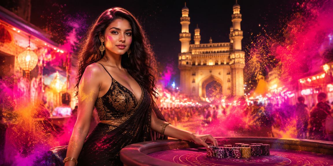 Hyderabad cityscape with colorful Holi festival lights and sports betting